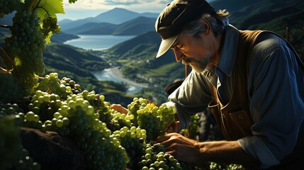 A winemaker inspecting grapes in a vineyard