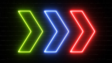 Neon Glowing  arrow on brick background. Colorful and shining retro light sign. Realistic shining signboard. 3D rendering of glowing neon arrows on a black background. Flashing direction indicators.