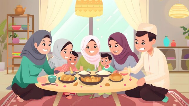 happy family from muslim family celebrating ramadan holy month together