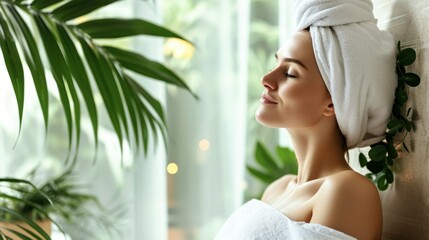 Calm serene young woman in spa bathrobe and towel relaxing after taking shower bath with her eyes closed at home. Beauty treatment concept - 737848819