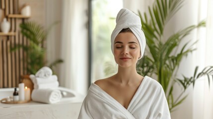 Calm serene young woman in spa bathrobe and towel relaxing after taking shower bath with her eyes closed at home. Beauty treatment concept - 737848825