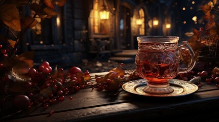 A rustic scene of hot mulled wine during the holidays