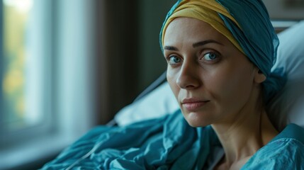 Fototapeta premium Woman in bed suffering from cancer. Thoughtful woman battling with tumor. Patient with headscarf recovery in hospital on bed