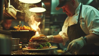 Chef preparing a gourmet hamburger in a restaurant kitchen - wide format