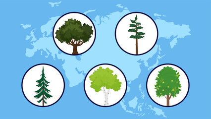 Set of tree icons. Vector illustration in flat style. Isolated on blue background.