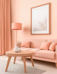 Minimal living room with wooden coffee table near sofa close-up and frame photo. Interior in trendy peach colors