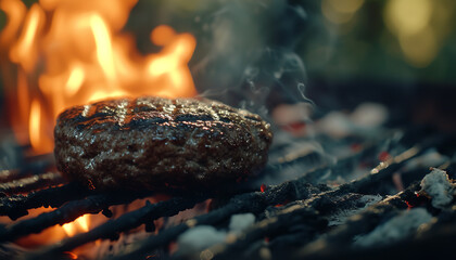 A hamburger patty is being cooked on a barbecue grill at a family gathering - filling the air with...