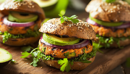 A vegetarian burger with ripe avocado slices and a variety of greens - served on a rustic wooden table - wide format
