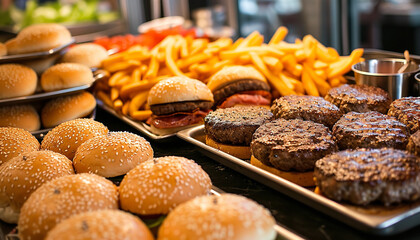 A build-your-own hamburger station at a buffet allows guests to customize their burgers with various toppings - wide format