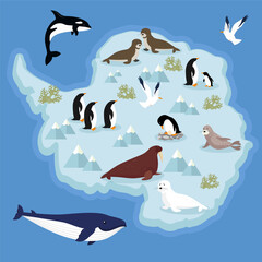 Cute cartoon penguins and sea animals in the world. Vector illustration.