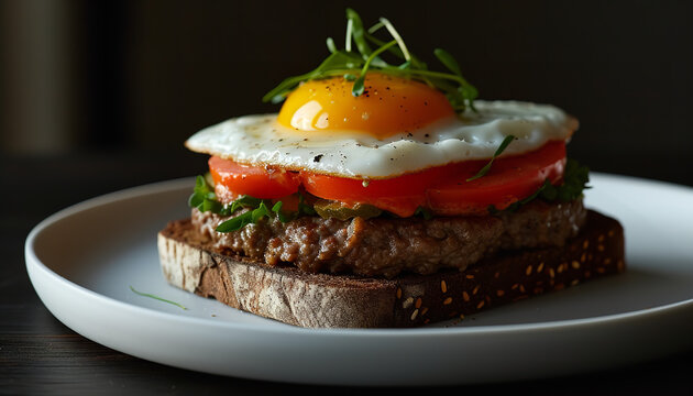 An open-faced hamburger is served on rye bread, topped with crunchy pickles and tangy mustard - wide format