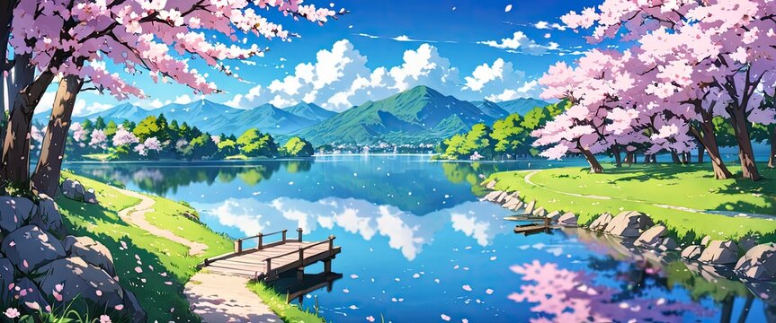 Beautiful lake with cherry blossoms in full bloom. Anime art style. Tranquility of natural scenery