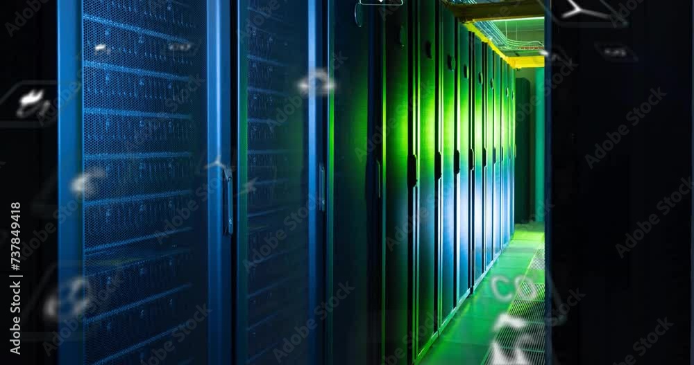 Poster animation of eco icons and data processing over computer servers
