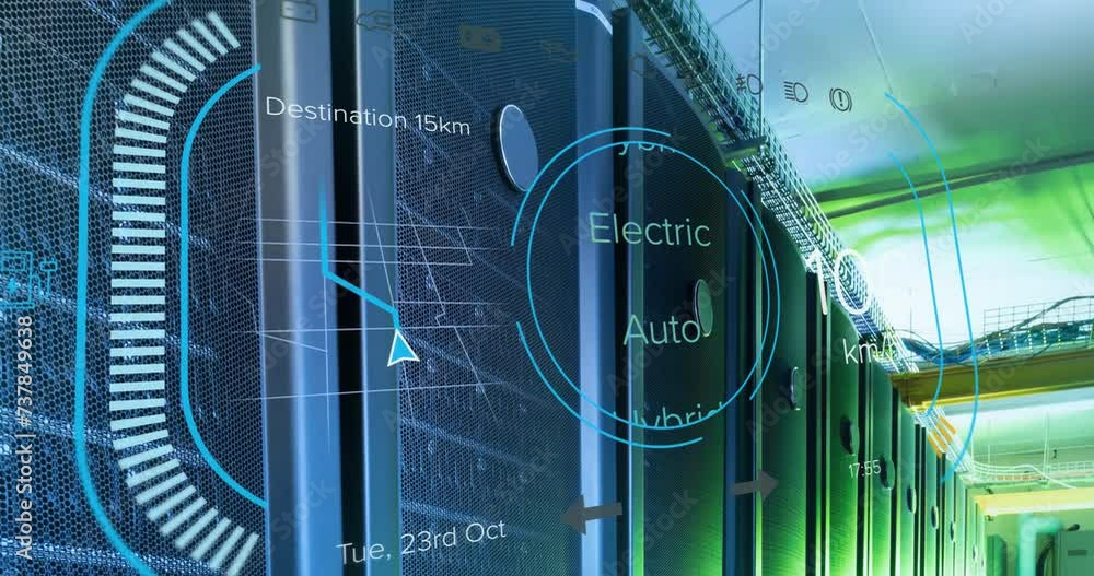 Poster animation of eco icons and data processing over computer servers