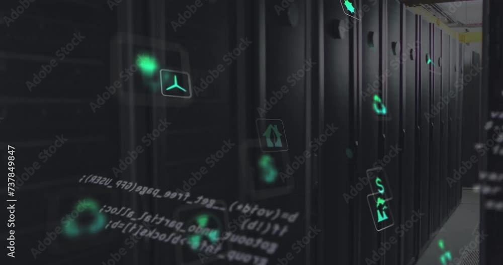 Poster animation of eco icons and data processing over computer servers