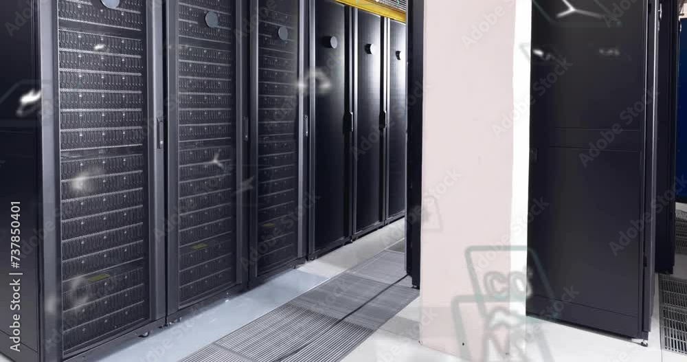 Poster animation of eco icons and data processing over computer servers