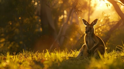 brown kangaroo sitting on grass during sunset in the bush - obrazy, fototapety, plakaty