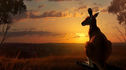 brown kangaroo sitting on grass during sunset in the bush - obrazy, fototapety, plakaty
