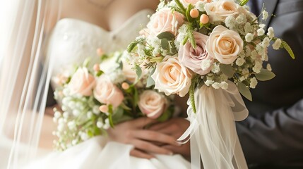 Naklejka premium Bride and groom wedding couple with a bouquet of light rose and white color flowers