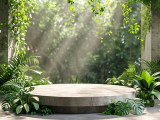 Natural podium product display with leaves tropical forest background