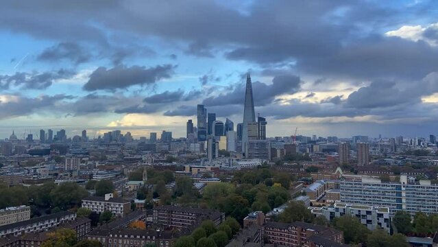 gloomy gray overcast timelapse over London city skyscrapers skyline