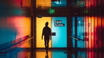 Equal Access Doorway: A silhouette of an open doorway with a sign reading "Equal Access," symbolizing inclusivity and equal opportunities for all individuals.

