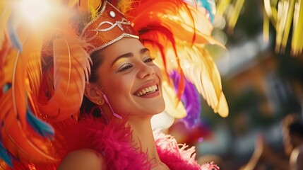 Naklejka na ściany i meble Beautiful Brazilian woman wearing colorful Carnival costume. Samba carnival dancer in feathers costume. Exotic street parade in city, celebrating party. Bright tropical colors