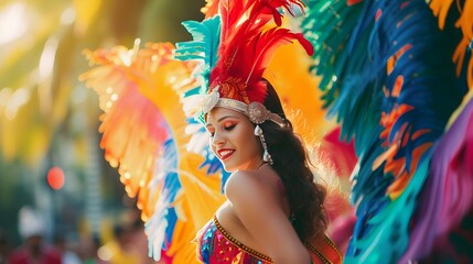 Beautiful Brazilian woman wearing colorful Carnival costume. Samba carnival dancer in feathers...