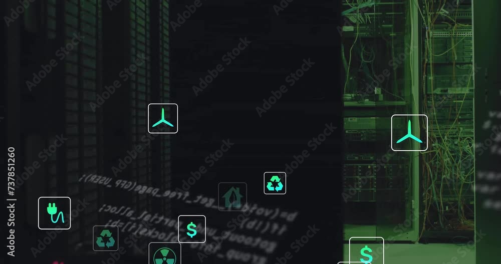 Poster animation of eco icons and data processing over computer servers
