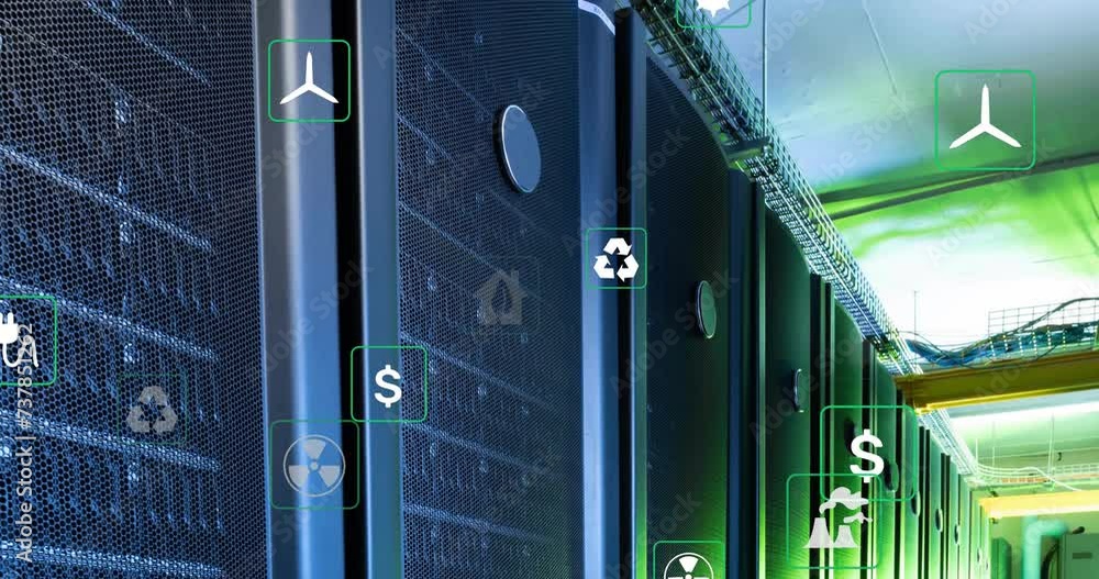 Poster animation of eco icons and data processing over computer servers