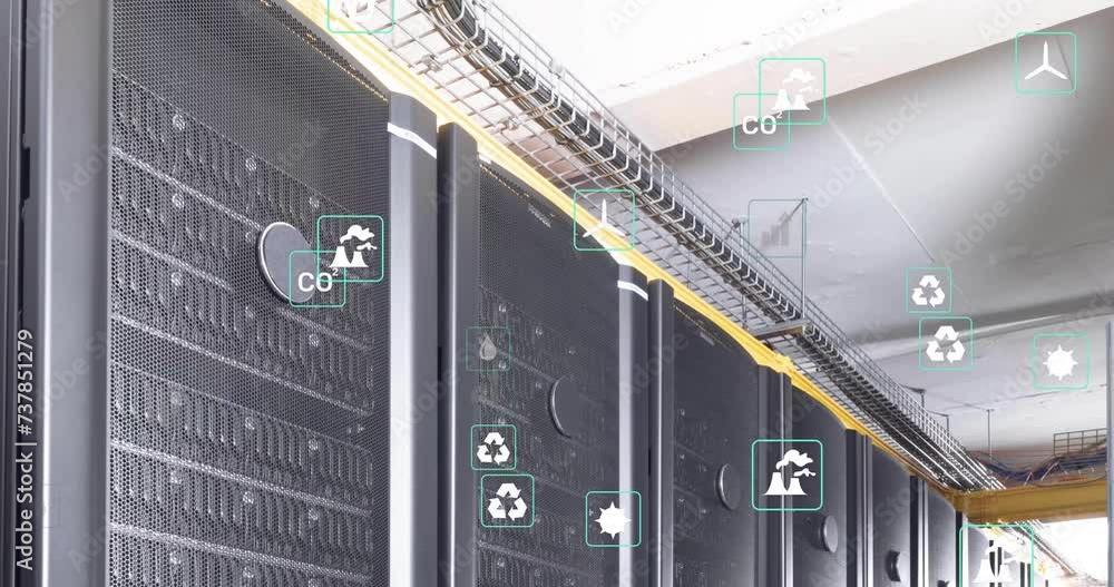 Poster animation of eco icons and data processing over computer servers