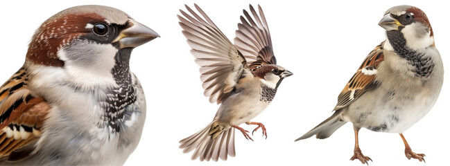 house sparrow bird collection, portrait, flying and standing, isolated on a white background - Powered by Adobe