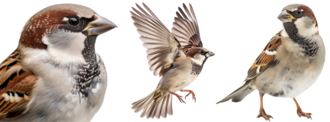 house sparrow bird collection, portrait, flying and standing, isolated on a white background