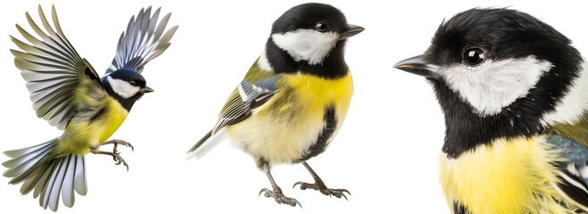 Great tit bird bundle, flying, portrait and standing, isolated on a transparent background - obrazy, fototapety, plakaty