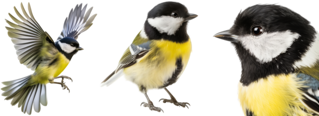 Great tit (parus major) bird bundle, flying, portrait and standing, isolated on a transparent background