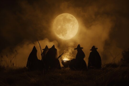 A coven of witches gather around a bubbling cauldron, chanting under the pale moonlight.