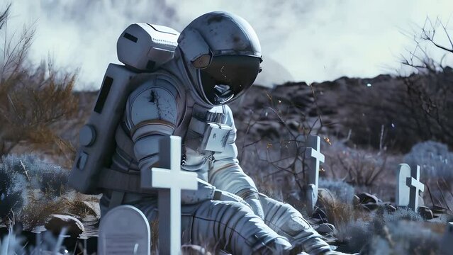 Exhausted astronaut sitting on an unknown planet. Colonization concept