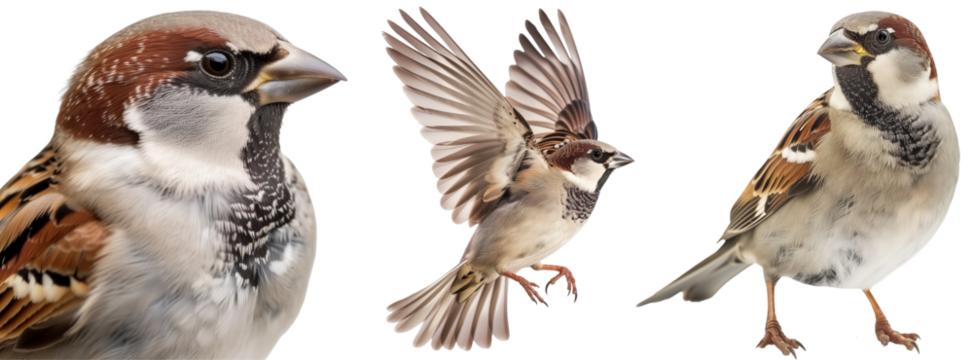 house sparrow bird collection, portrait, flying and standing, isolated on a white background