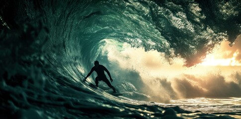 Surfer Surfing Inside Blue Surfer tube rides inside hollow crashing wave over shallow reef. Swimming water perspective of sport