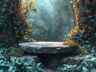 Natural podium product display with leaves tropical forest background