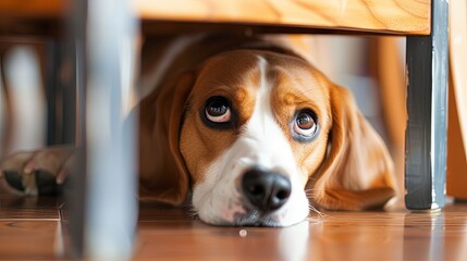 Dog laying under a chair scared at home hiding - obrazy, fototapety, plakaty