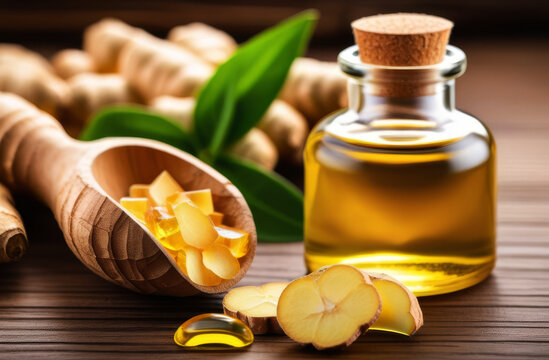 Cosmetic amber glass bottle with rooten Essential oil from Ginger. Alternative aromatherapy. Natural and vegan ingredients in cosmetic and medicine