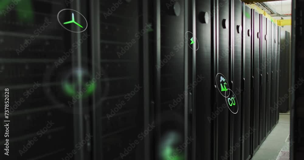 Poster animation of eco icons and data processing over computer servers