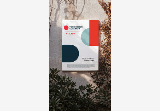White Square Mirror Hanging on Wall with Bush and Tree, Sky Background with Clouds - Outside Street Poster Mockup