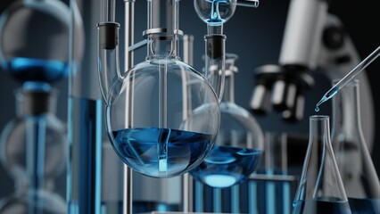 Various glass chemical laboratory equipment with black blue shades in chemistry lab, 3d render