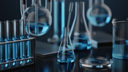 Various glass chemical laboratory equipment with black blue shades in chemistry lab, 3d render