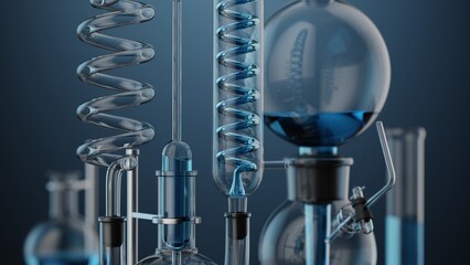 Various glass chemical laboratory equipment with black blue shades in chemistry lab, 3d render
