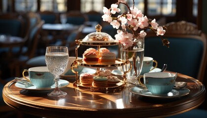 An elegant high tea setting with fine china - obrazy, fototapety, plakaty