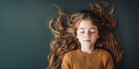 Fictional Caucasian young girl with long dark blonde hair relaxing on a dark olive green background - in banner size with copy space. Concept of beauty, relieving stress and anxiety. - obrazy, fototapety, plakaty
