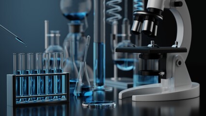 Various glass chemical laboratory equipment with black blue shades in chemistry lab, 3d render